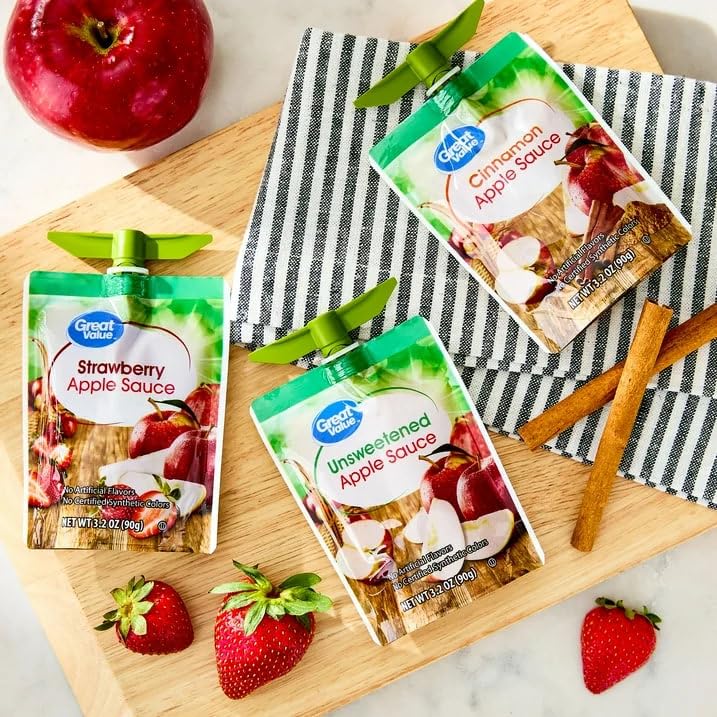 Great Value Applesauce Pouches Variety Pack, Apple, Cinnamon & Strawberry, 3.2 oz, 24 Count, Gluten-Free, 2-Pack