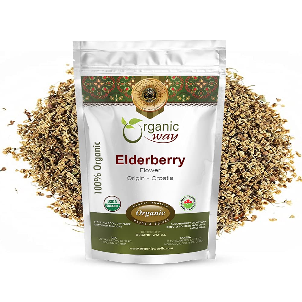 Organic Way Dried Elderberry Flower/Elderflower - European Wild-Harvest | Organic & Kosher Certified | Vegan, Non GMO & Gluten Free | USDA Certified |