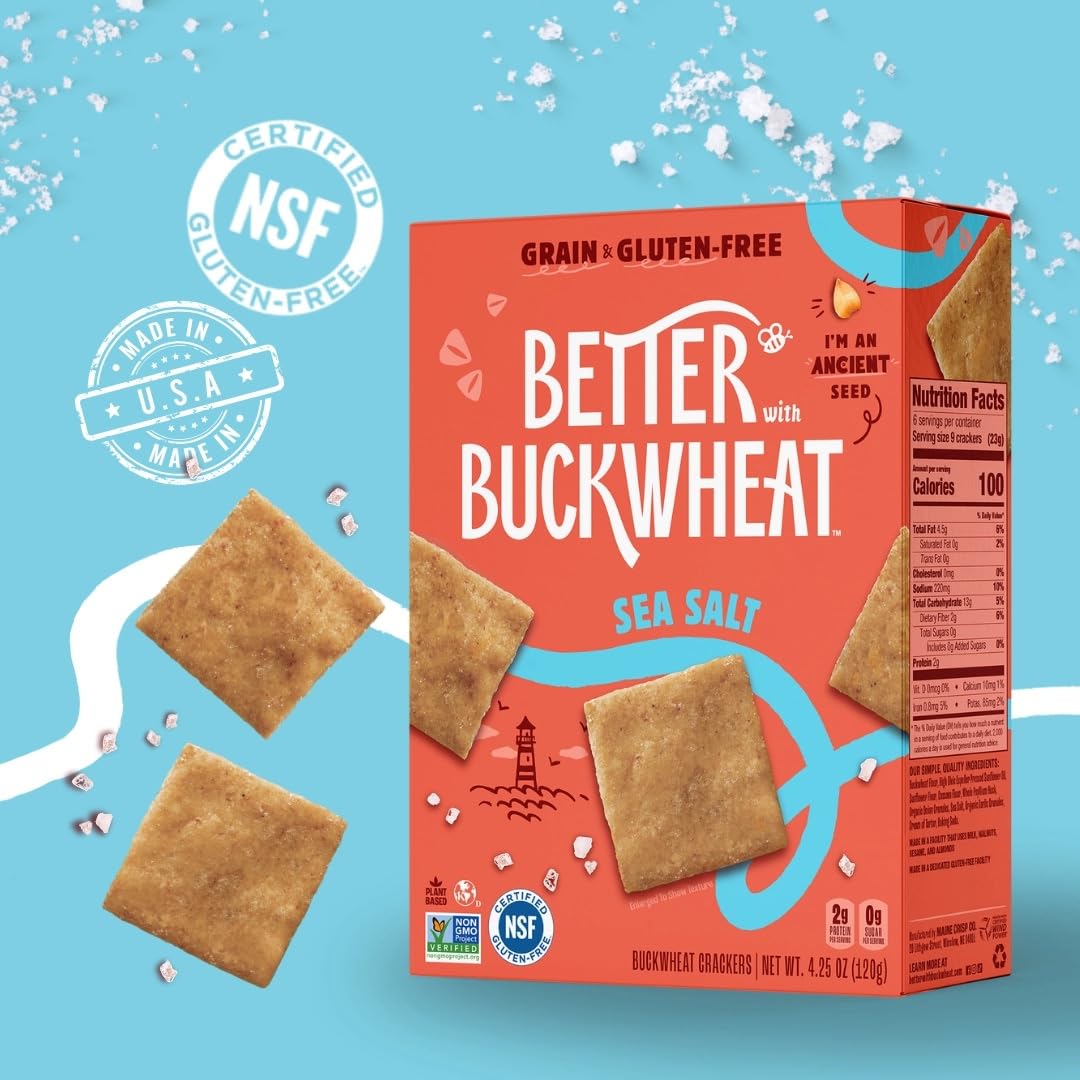 Better with Buckwheat Sea Salt Gluten-Free Crackers - Healthy Snack Crackers, Grain-Free, Non-GMO, Sugar-Free - Pair with Cheese, Hummus & Dips - 1