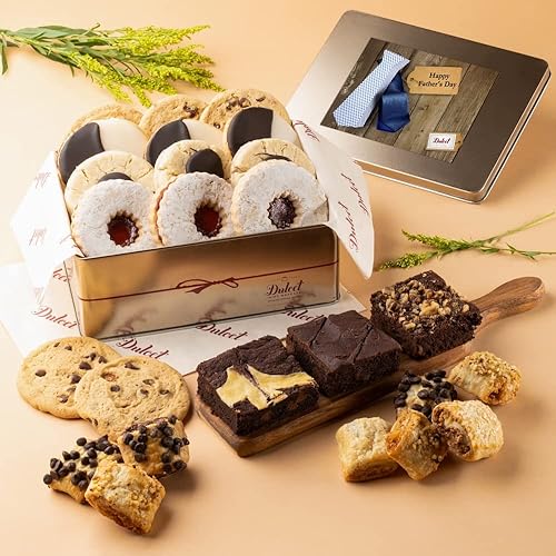 Dulcet Gift Baskets Father’s Day Assortment Tin Box- Delicious Gourmet Confection Gift Set - - Variety Of Freshly Baked Cookies, Brownies & Rugelah In