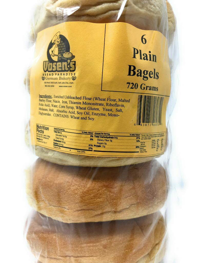 Vosens Bread, Bagel Plain 6 Count, 720 Gram