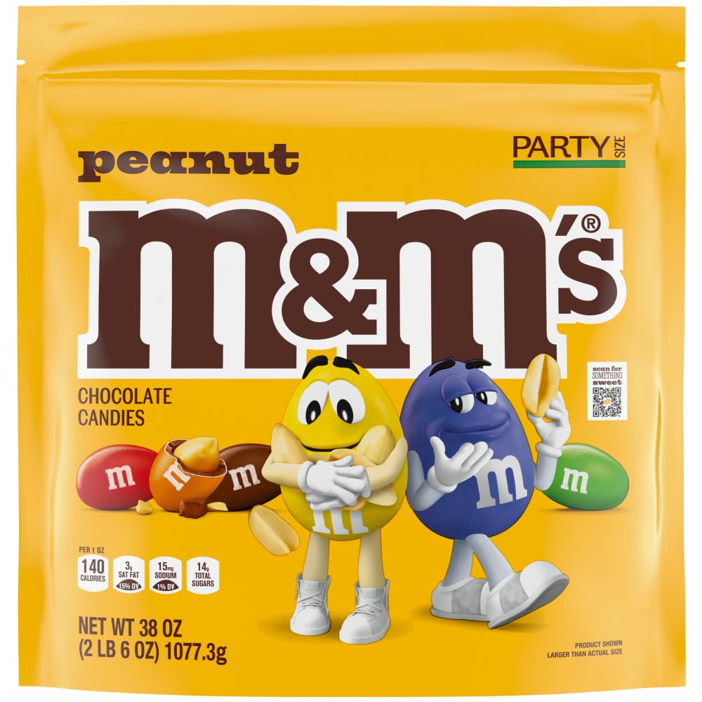 M&M'S Peanut Milk Chocolate Candy Resealable Bulk Pack, Party Size, 38 oz Bag, For Sharing, Baking and Snacking