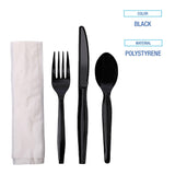 Boardwalk Four-Piece Cutlery Kit, Fork/Knife/Napkin/Teaspoon, Black, 250/Carton