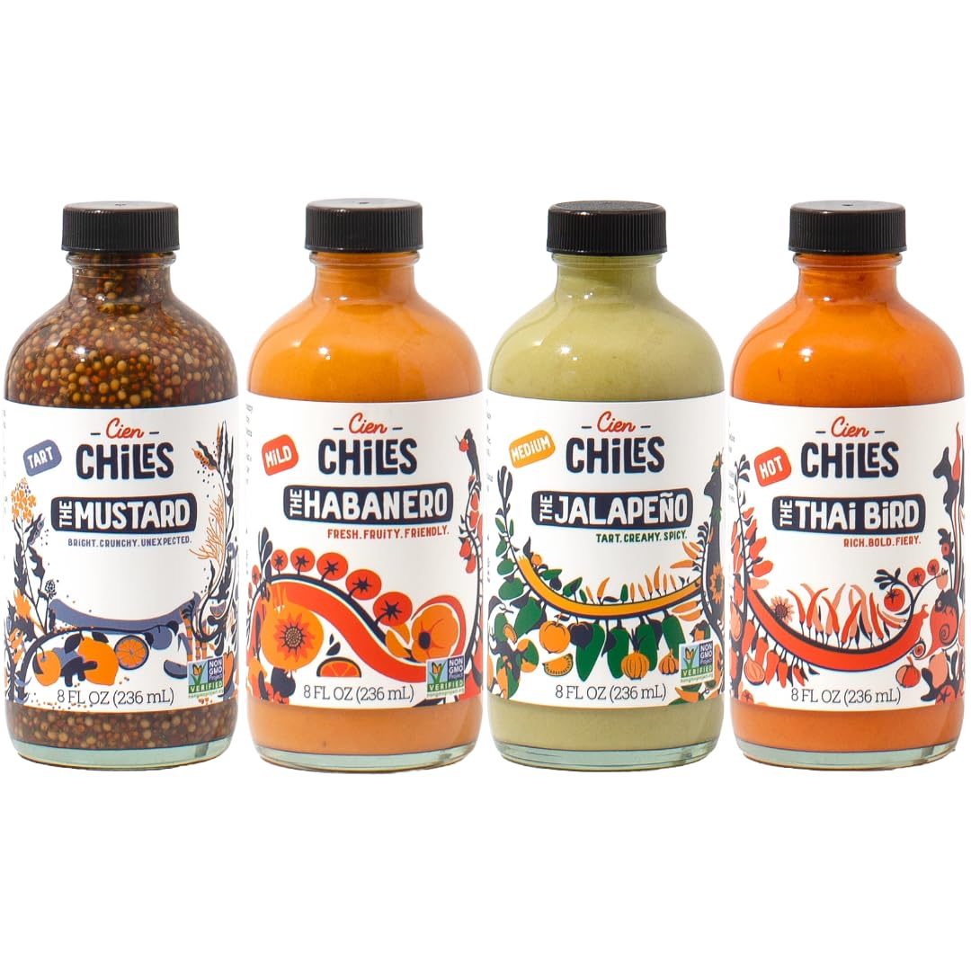 Cien Chiles Whole Family Pack | Habanero, Jalapeño, Thai Bird, Mustard | All Natural Sauces | Non-GMO, Gluten-Free, Vegan | 8 OZ Bottles