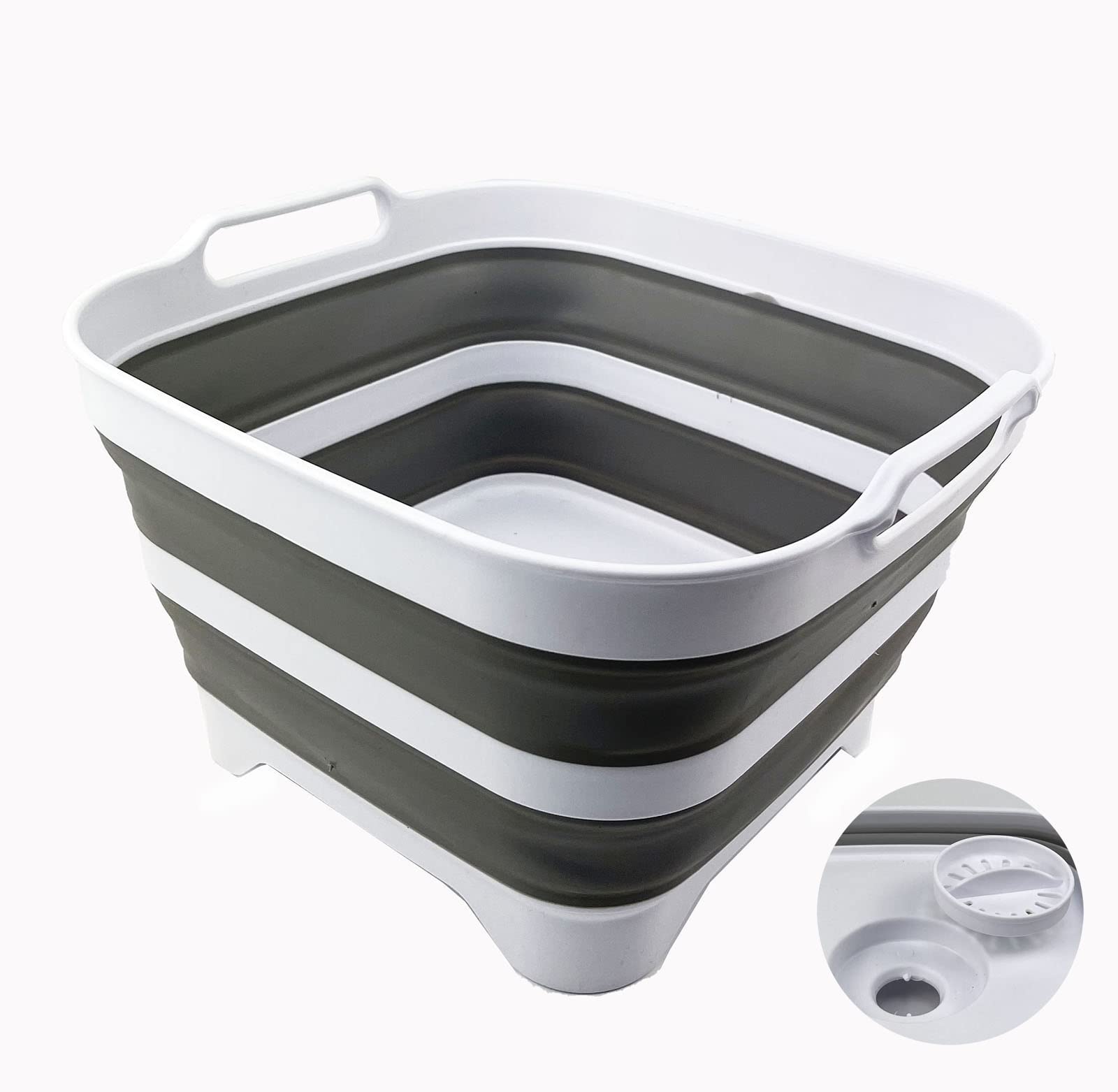SAMMART 2 pcs. Camping Set : Collapsible Bucket + Portable Dishpan with Draining Plug (Grey, 5L Bucket+10L Dishpan)