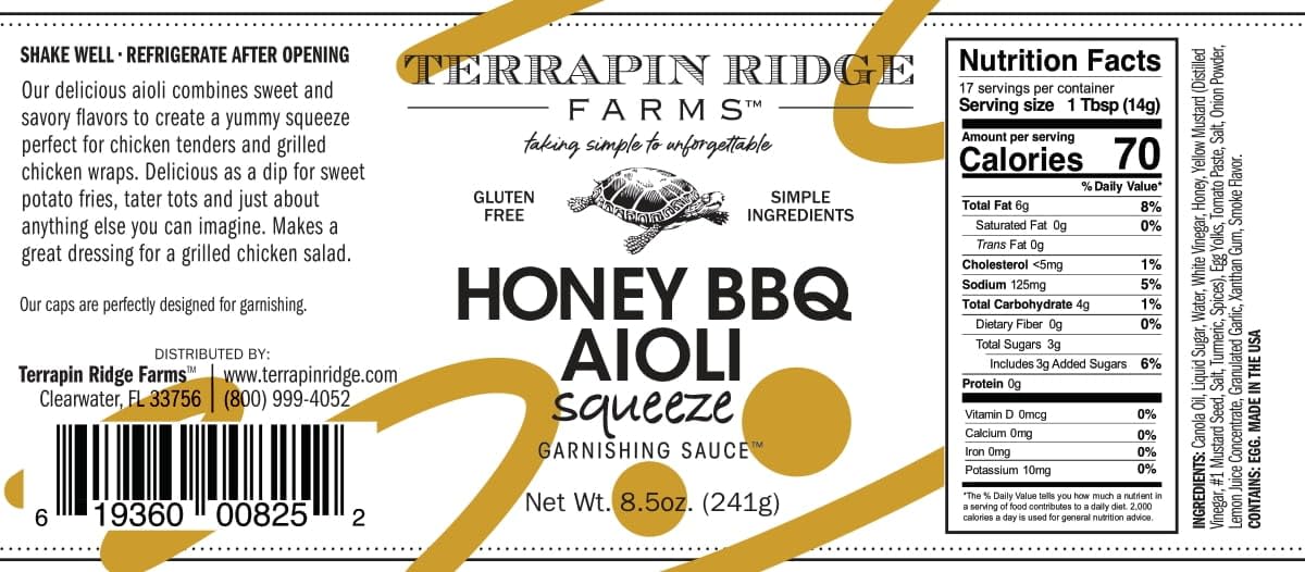 Terrapin Ridge Farms Honey BBQ Aioli Sauce - Sweet and Savory 8.5 Ounce Squeeze Bottle