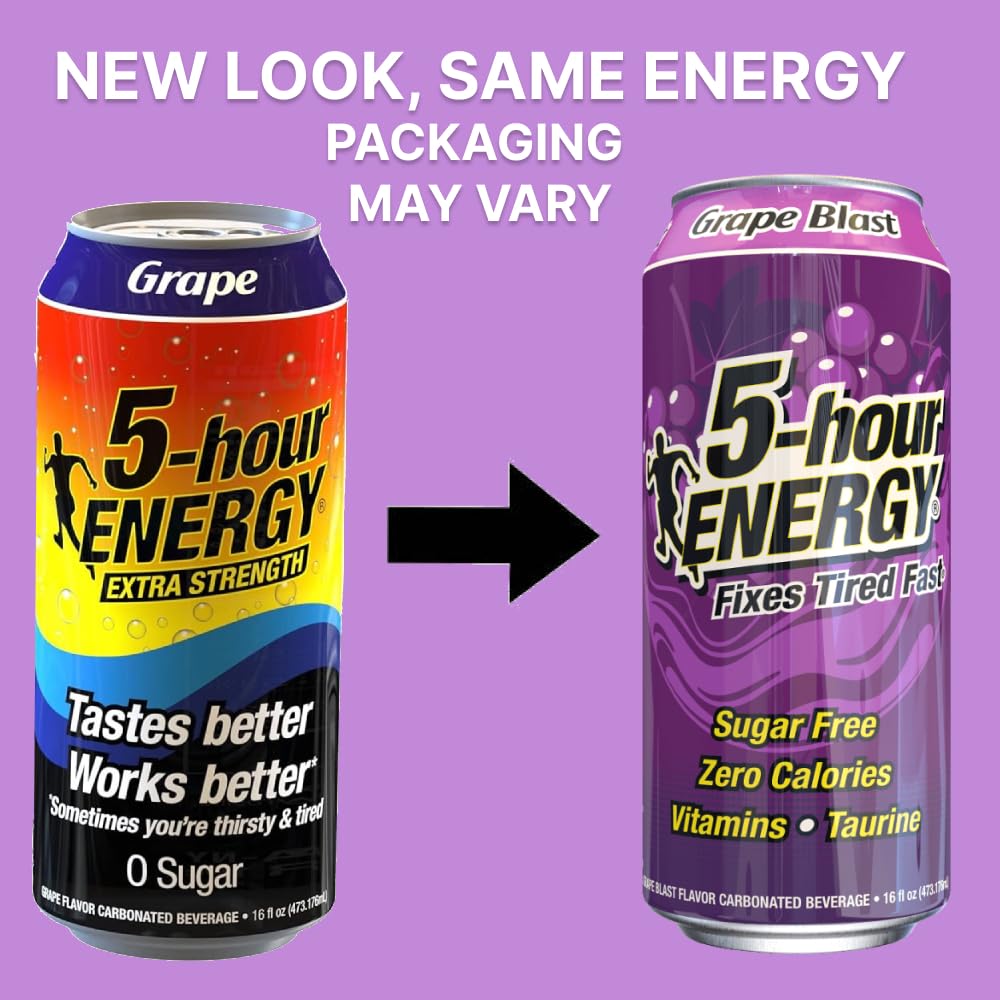5-hour ENERGY Extra Strength Energy Drink | Grape Flavor 16 oz. Cans 12 Count Sugar-Free & Zero Calories Vitamins Amino Acids Contains Carbonation