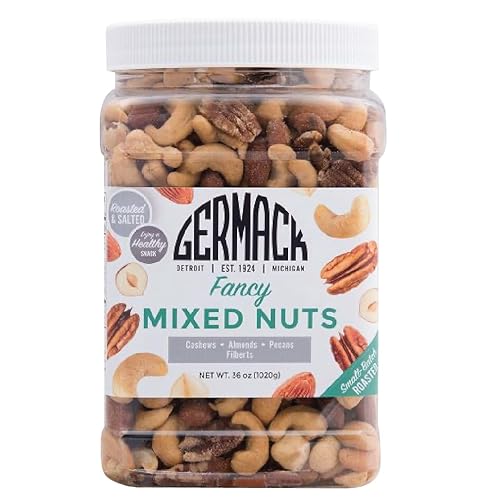 Germack® - Fancy Deluxe Mixed Nuts - Almonds, Cashews, Pecans and Filberts (Hazelnuts) - Roasted and Salted (36oz Jar)
