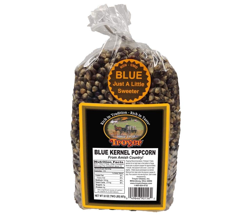 Amish Popcorn, Gluten Free, NON GMO Tender Blue Kernel Popcorn - Troyer Farms - 2 lb. Bag
