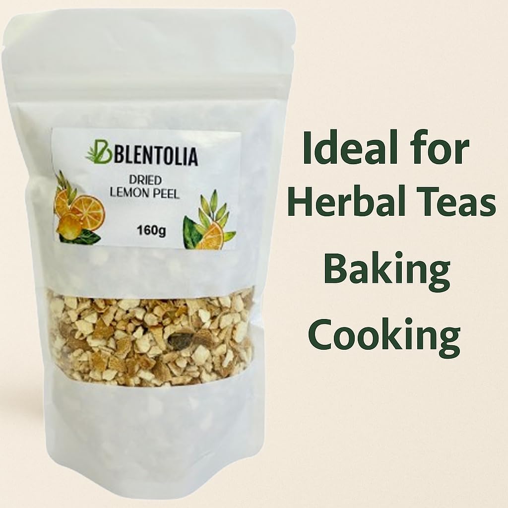 Blentolia Dried Lemon Peel - 100% Natural, Sun-Dried, Zesty Lemon Flavor - Ideal for Herbal Teas, Baking, Cooking & DIY Skincare - 160g Resealable