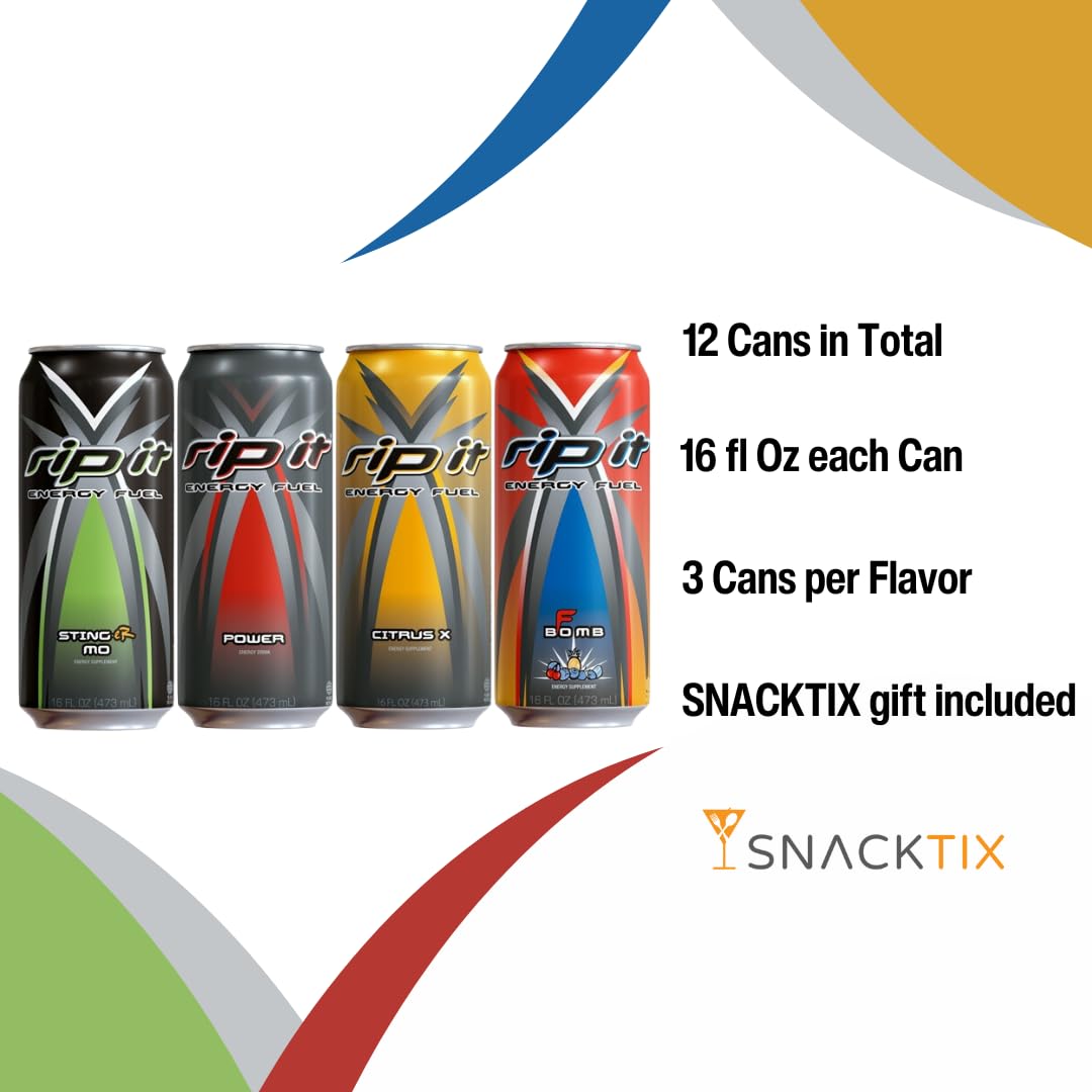 Rip It Energy Drink Variety Pack - 12 Cans of 16 fl oz Each - Assorted Flavors for an Energy Rush - with Snacktix Coaster Included (Power Energy)