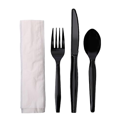 Boardwalk Four-Piece Cutlery Kit, Fork/Knife/Napkin/Teaspoon, Black, 250/Carton