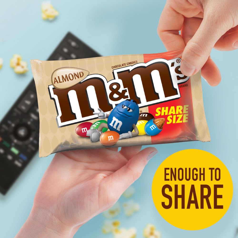 M&M'S Almond Chocolate Candy, Share Size 2.83 oz Bags, Pack of 18, Bulk Chocolate Candy Individually Wrapped