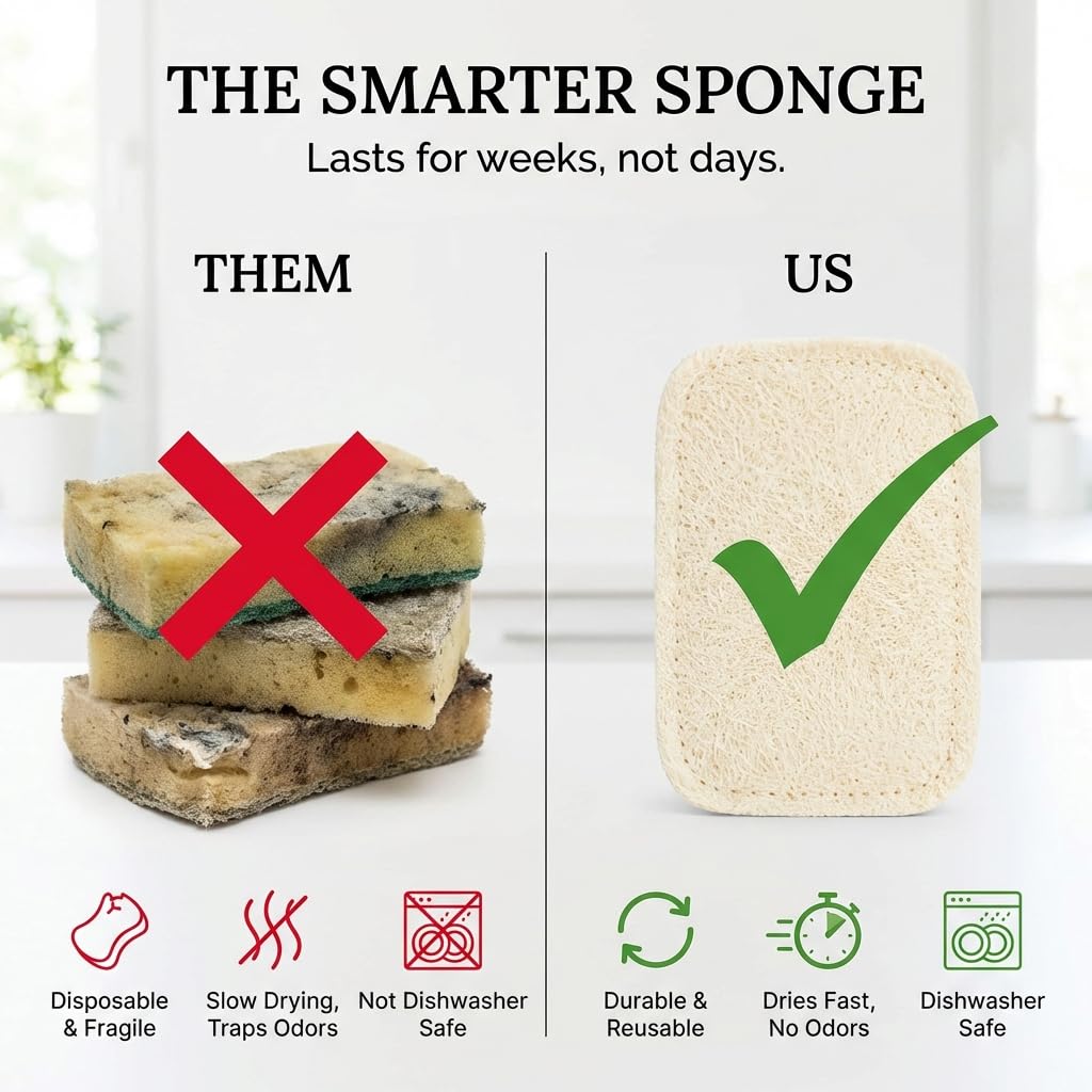 Truly Free Natural Cleaning Sponges, 100% Organic Luffa Dish Scrubber, Plant-Based Compostable Kitchen Dishwasher Sponge, Cleans Sink, Grout & Tile