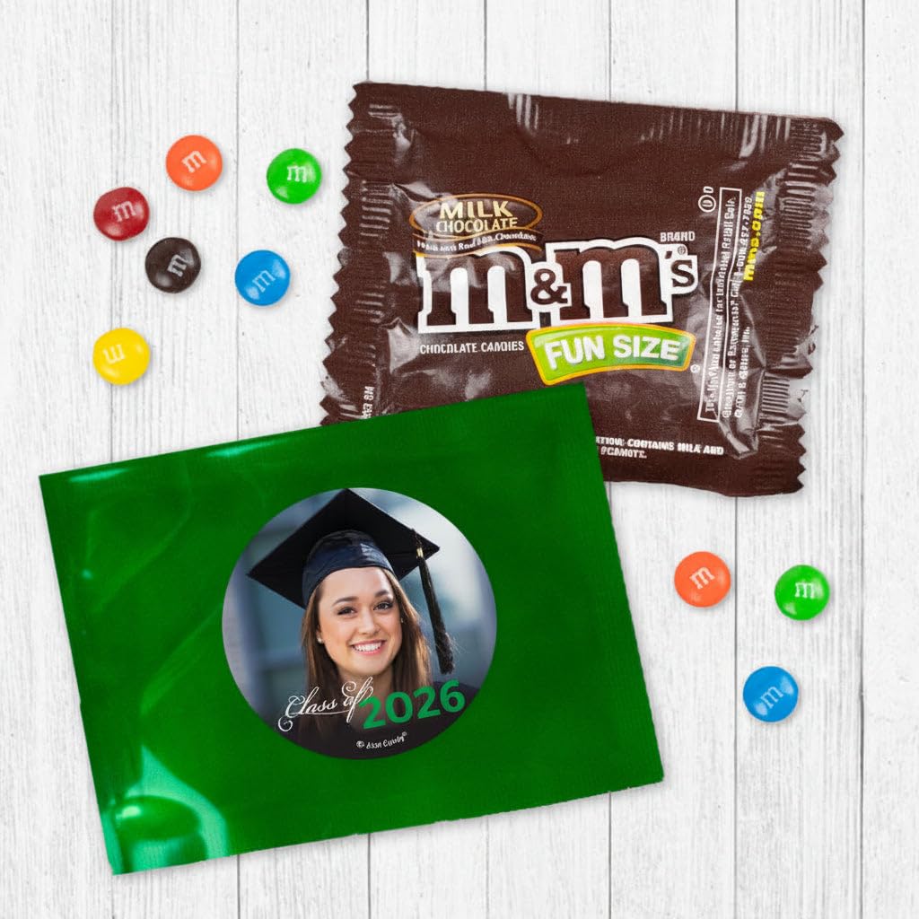 24ct Custom Green Graduation Photo Fun Size Candy Bags With Chocolate Minis