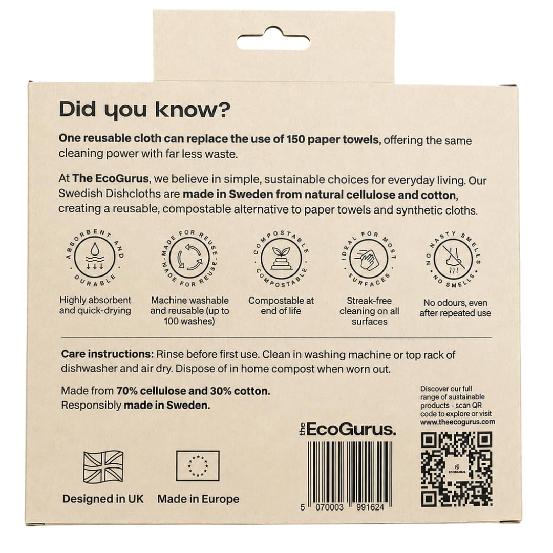 10 Pack Odour-Resistant Reusable Cleaning Cloths | Original Swedish Dishcloth | Made in Sweden | Suitable for All Surfaces | Biodegradable Cellulose