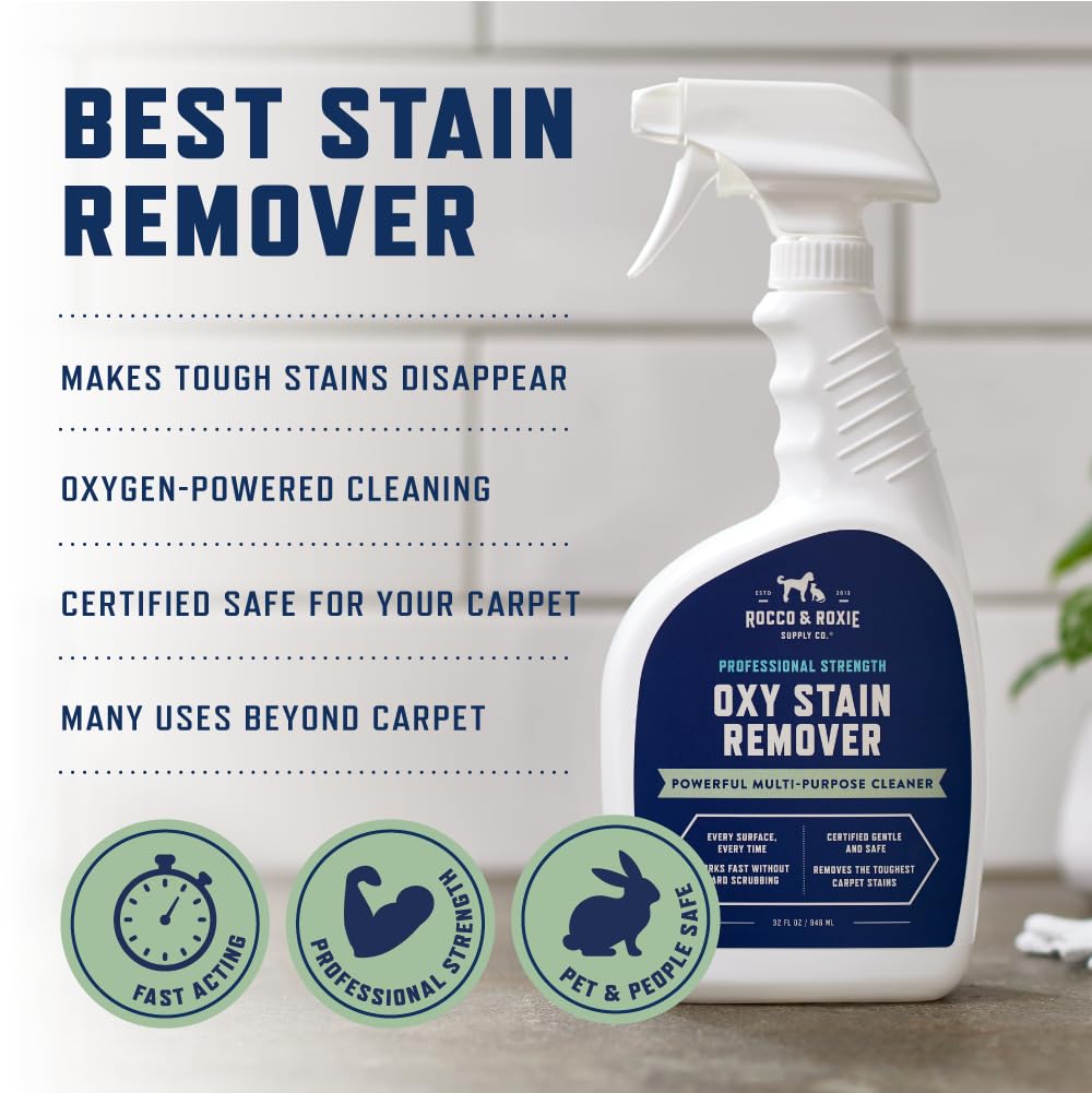 Rocco & Roxie Oxy Stain Remover - Oxygen Powered Carpet Cleaner Spray - Pet Stain Remover for Carpet, Spot Cleaner for Upholstery, Couch, Laundry