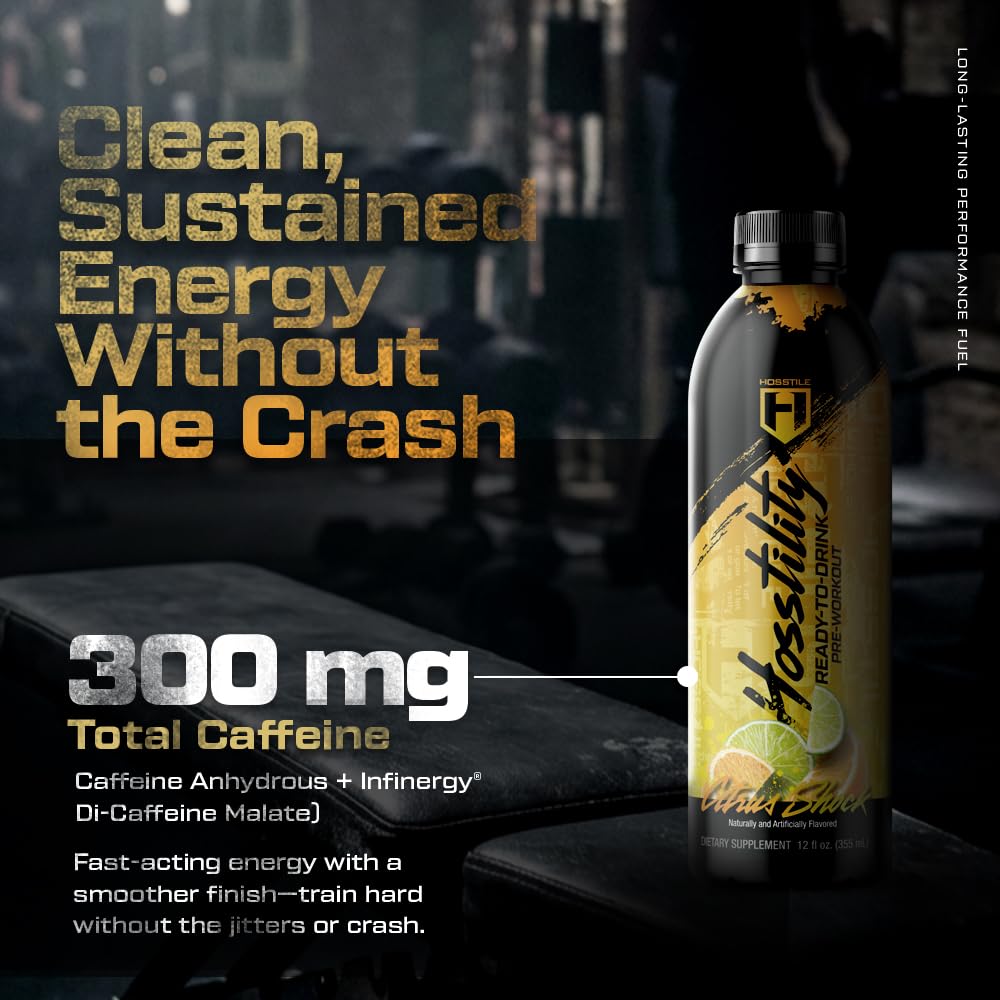 HOSSTILE Hosstility RTD Pre-Workout - Ready to Drink Pre Workout for Energy, Focus, Pump & Hydration, All-in-One Formula for Performance, Citrus