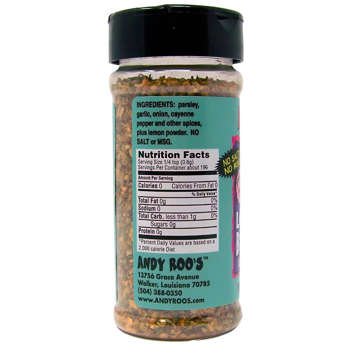 Andy Roo's No Salt No MSG Louisiana BBQ Shrimp Creole Seasoning, 3.5 Ounce Shaker