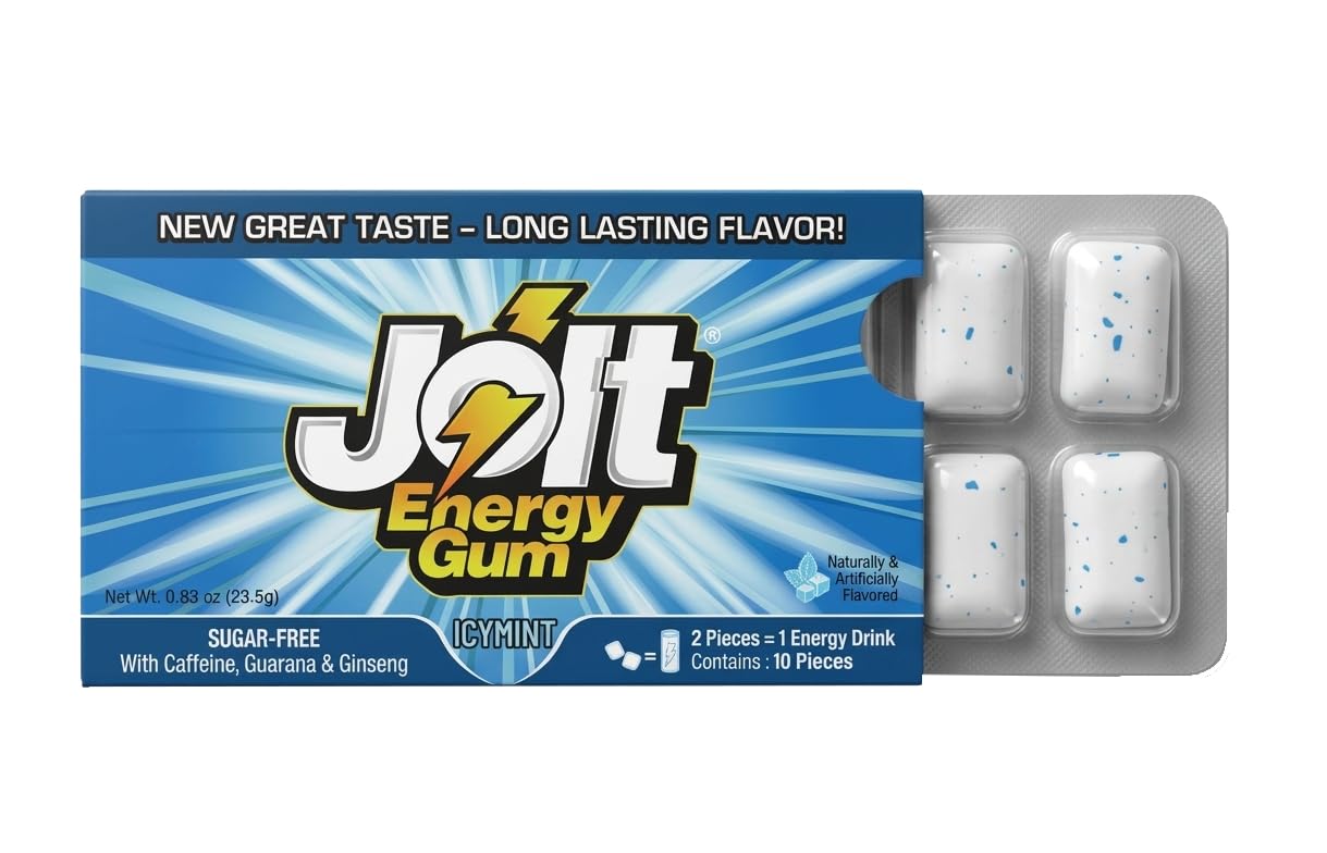 Jolt Energy Gum - Icy Mint | The OG energy gum is back | With Caffeine, Guarana & Ginseng | 120 Sugar-Free pieces | Tastes good like a mint gum should