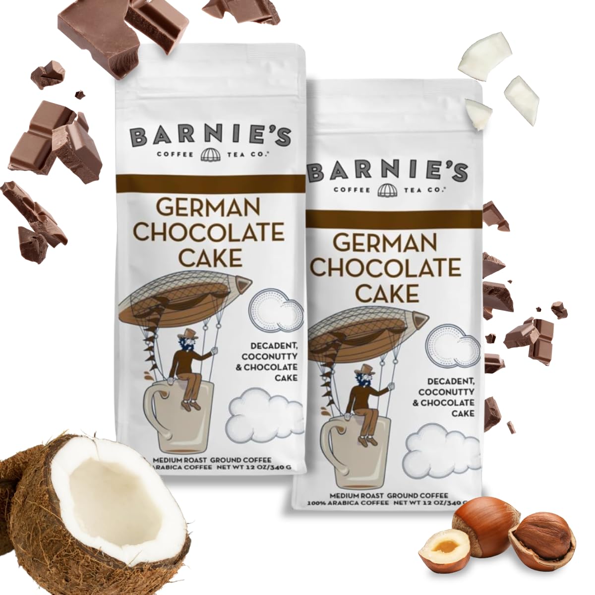 Barnie's Coffee German Chocolate Cake Ground Coffee with Decadent Coconut, Chocolate and Hazelnut Cake Flavor, Medium Roasted Arabica Coffee Beans, 12