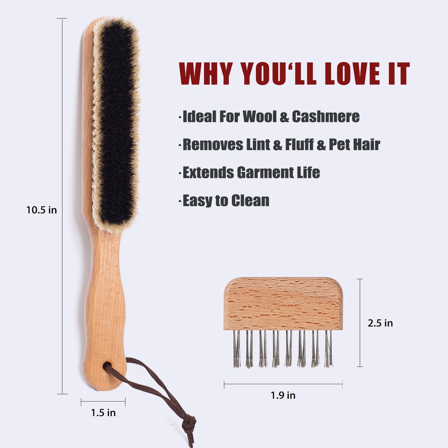 Lint Brushes for Clothes, 100% Natural Boar Bristle Clothes Brush for Cashmere & Wool, Cashmere Comb & Sweater Comb, Removes Fibres & Pet Hair