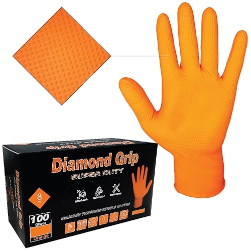 LAUCO Heavy Duty 8-Mil Industrial Orange Nitrile Gloves with Raised Diamond Texture, Large, Latex Free, Powder Free, Pack of 100 (1 Box) 87285