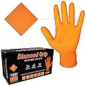 LAUCO Heavy Duty 8-Mil Industrial Orange Nitrile Gloves with Raised Diamond Texture, Large, Latex Free, Powder Free, Pack of 100 (1 Box) 87285