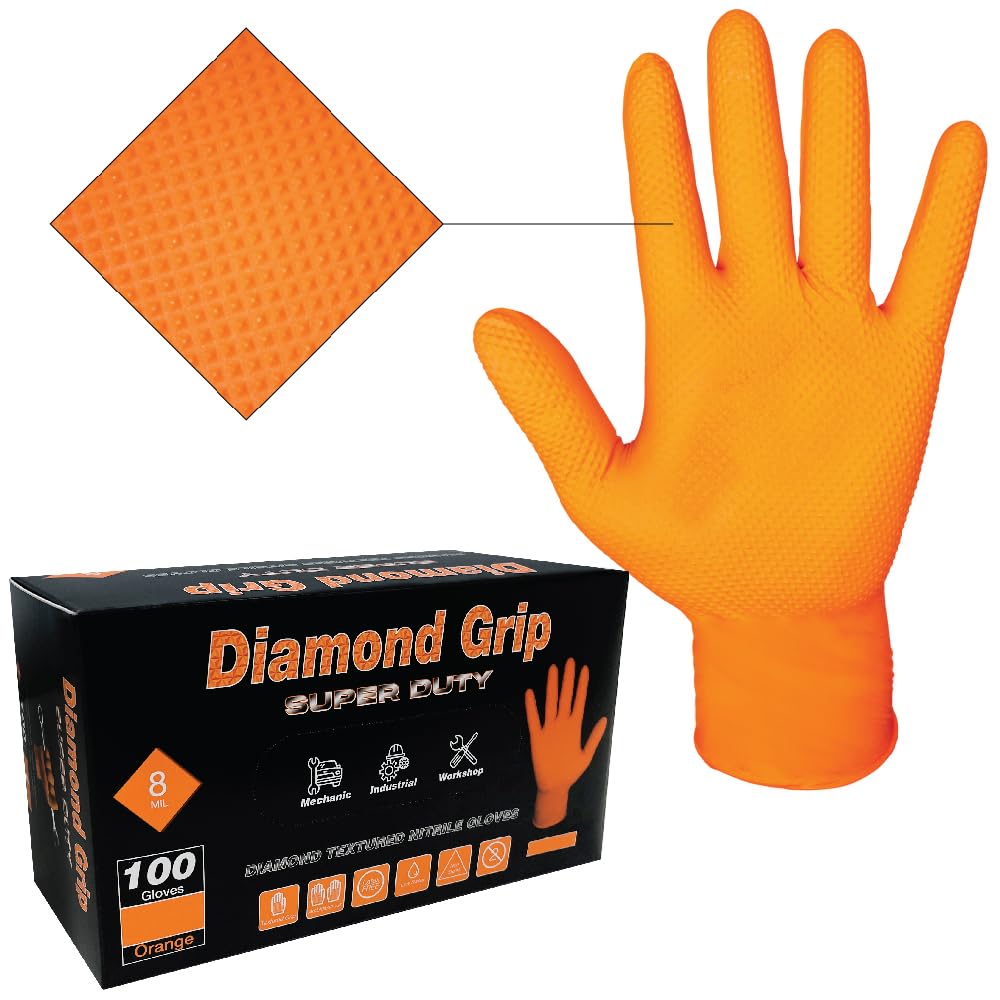 LAUCO Heavy Duty 8-Mil Industrial Orange Nitrile Gloves with Raised Diamond Texture, Large, Latex Free, Powder Free, Pack of 100 (1 Box) 87285