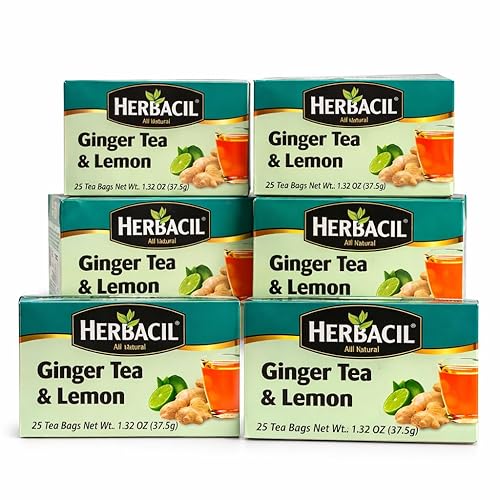 Herbacil Ginger & Lemon Tea, Herbal Blend with Ginger Root & Dehydrated Lemon, Caffeine-Free, All Natural, 6-pack of 25 bags per box (150 Tea Bags)