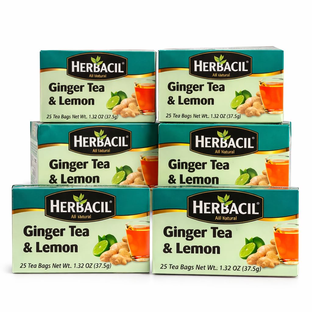 Herbacil Ginger & Lemon Tea, Herbal Blend with Ginger Root & Dehydrated Lemon, Caffeine-Free, All Natural, 6-pack of 25 bags per box (150 Tea Bags)