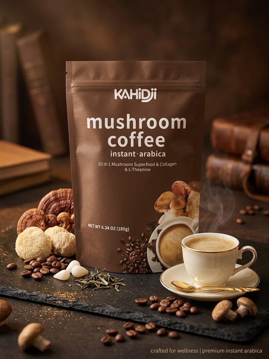 KAHIDJI Premium Mushroom Coffee with Collagen, 10 Mushroom Blend, Instant Coffee Mix, Caramel Macchiato Flavor, 180g