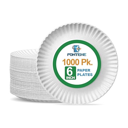 Fonteme 6-Inch Disposable Paper Plates - 1000 Count | White & Uncoated Microwavable Bulk Paper Plates | Perfect for Everyday Meals, Parties