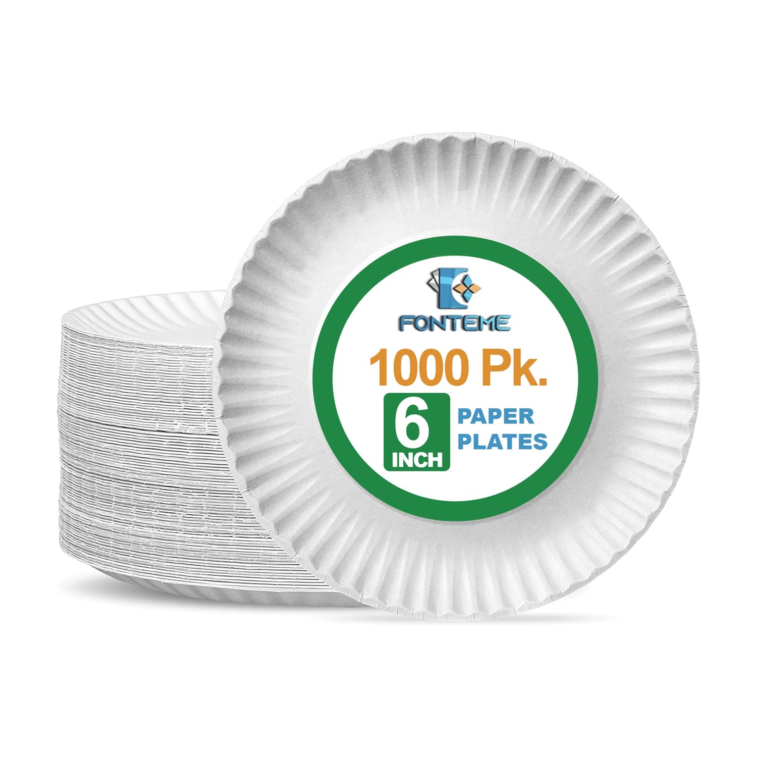 Fonteme 6-Inch Disposable Paper Plates - 1000 Count | White & Uncoated Microwavable Bulk Paper Plates | Perfect for Everyday Meals, Parties