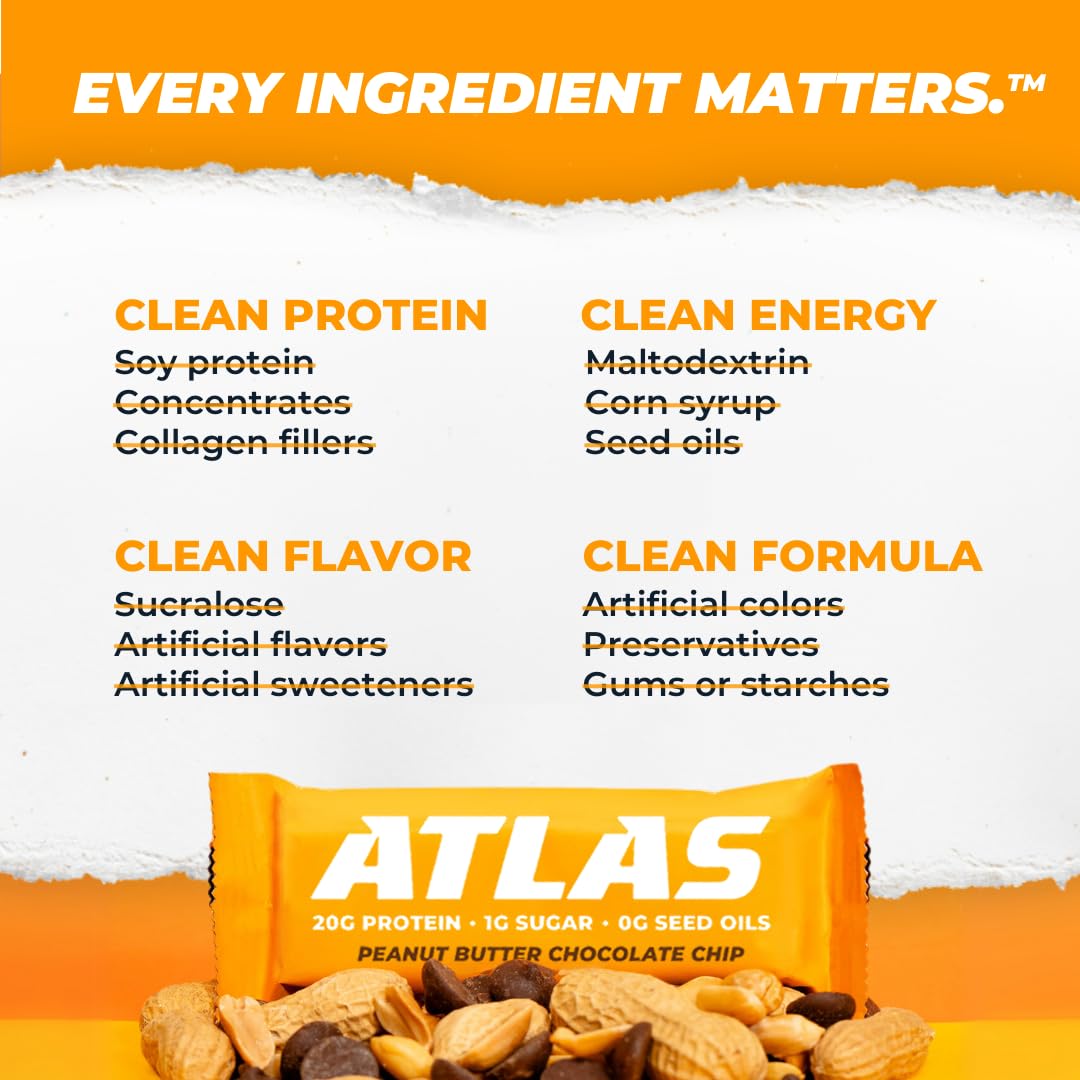 Atlas Real Food Protein Bar - 20g Clean Protein, 1g Sugar, No Seed Oils, No Artificial Sweeteners (Peanut Butter Chocolate Chip, 36 Count)