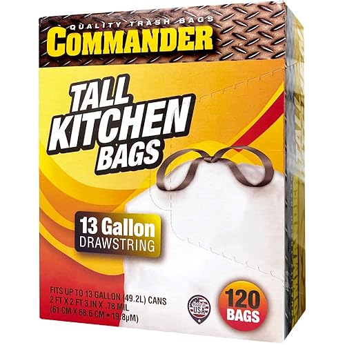Commander 13 Gallon 0.78 MIL White Plastic Trash Bags Unscented - 24" x 27" - Pack of 120, For Home, Kitchen, Commercial, & Office