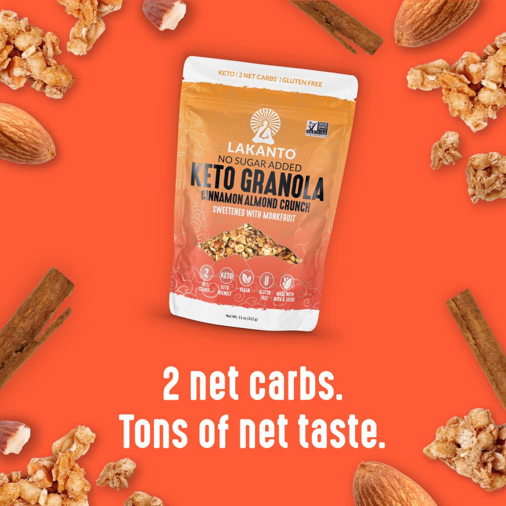 Lakanto Cinnamon Almond Crunch Granola - Delicious Snack, Quick Breakfast Cereal, Keto Friendly, Monk Fruit Sweetener, No Sugar Added, Vegan, Gluten