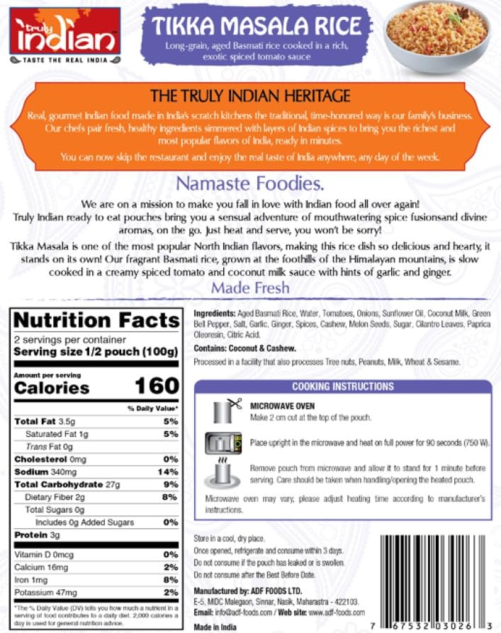 Truly Indian Tikka Masala Rice | Long-Grain, Aged Basmati Rice | Authentic Traditional Indian Rice Dishes Made With Locally Grown Ingredients | Ready to Eat, Vegan, Microwaveable Meal