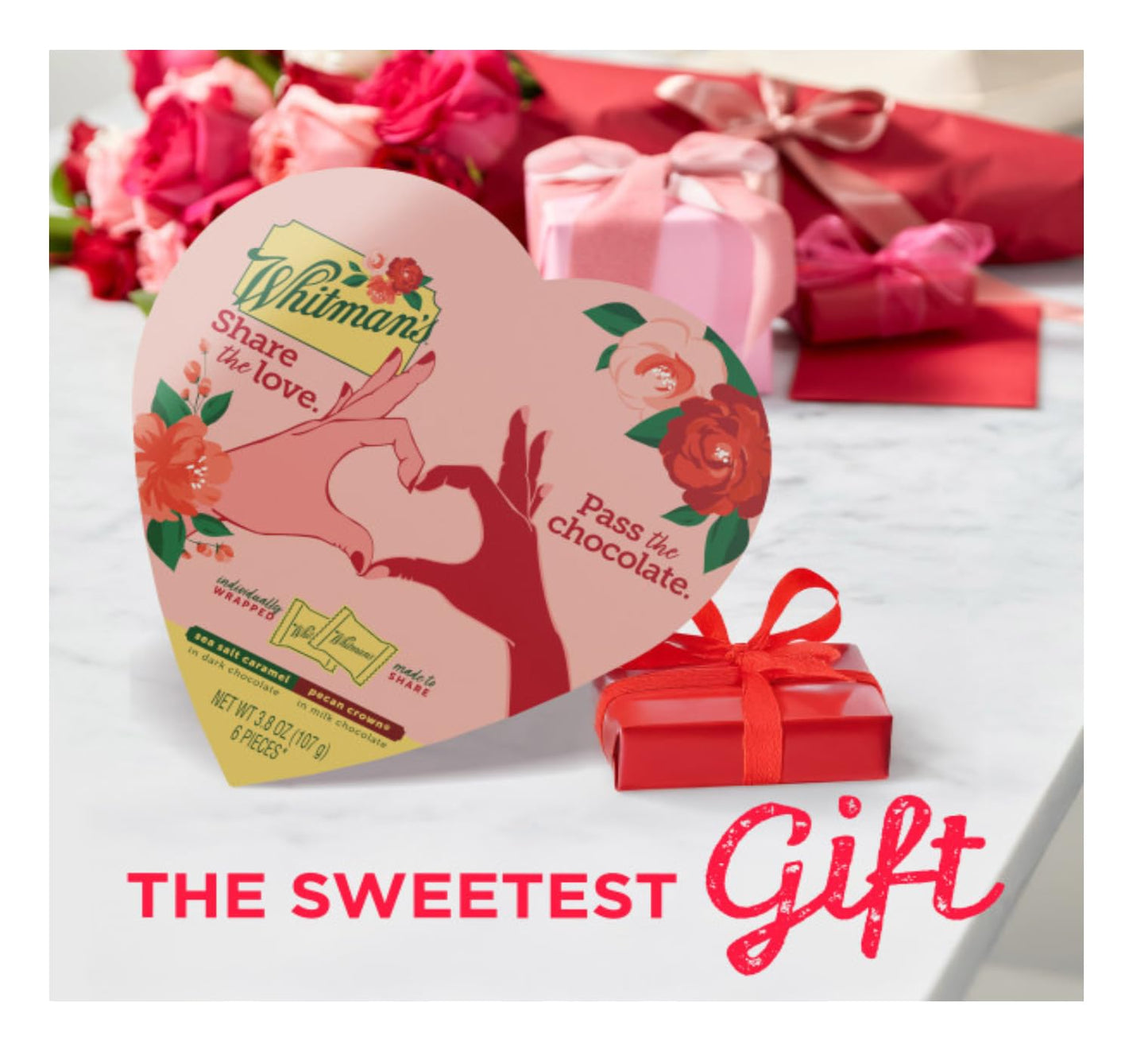 Whitman's Valentine's Day Heart Box - Assorted Milk Chocolate Pecan and Dark Chocolate Sea Salt Caramel - 6 Pieces Per Box - Start a New Tradition