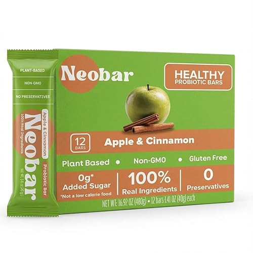 NEOBAR Apple Cinnamon Probiotic Bars - Plant-Based Vegan Snack Bars, Gluten Free Dairy Free Snacks, No Added Sugar, No Preservatives, Non-GMO |12