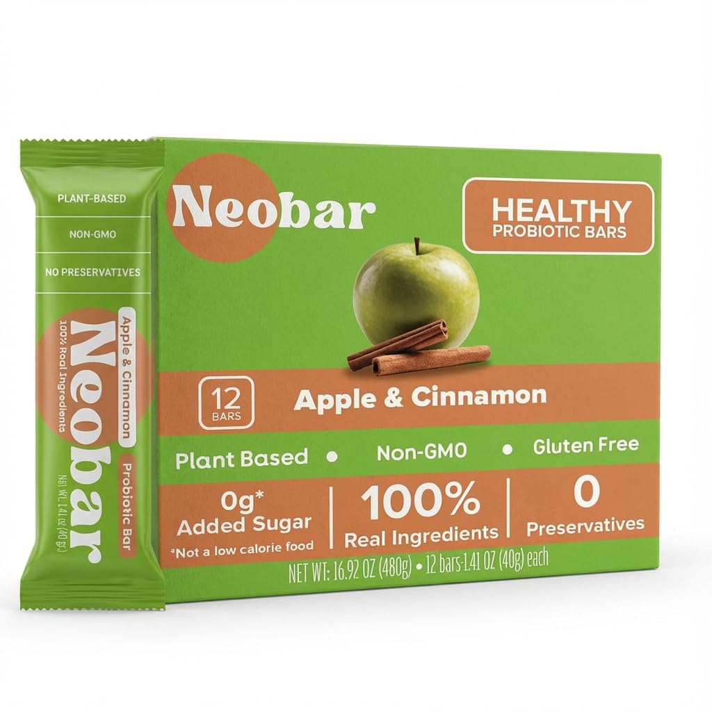 NEOBAR Apple Cinnamon Probiotic Bars - Plant-Based Vegan Snack Bars, Gluten Free Dairy Free Snacks, No Added Sugar, No Preservatives, Non-GMO |12