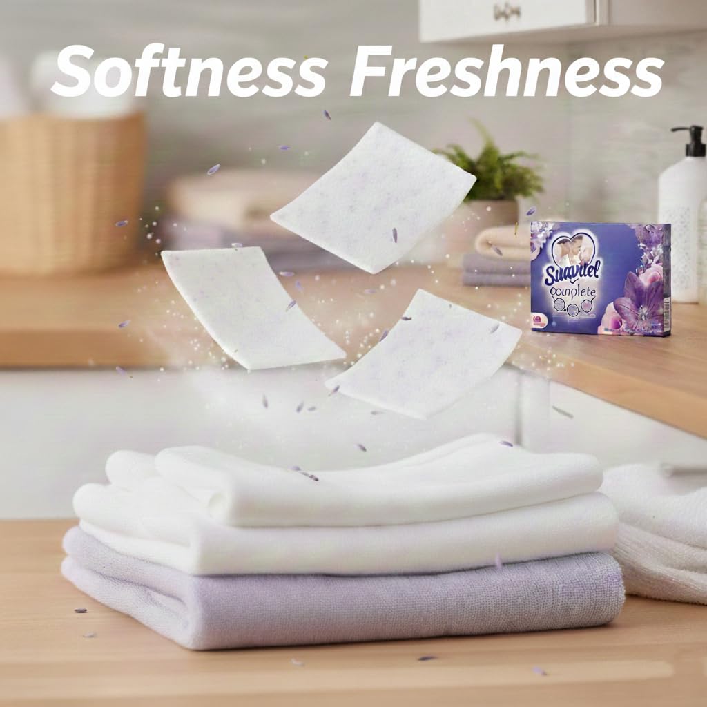 Suavitel Complete Fabric Conditioner Dryer Sheets - Lavender Scent, Long-Lasting Freshness, Anti-Static Softening Laundry Sheets - 18 Count