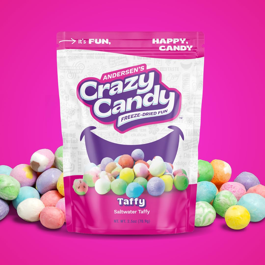 Crazy Candy Freeze Dried Taffy - Salt Water Taffy Transformed, Light Crispy Texture Sweet Candy, 2.4oz Resealable Bag, Made in USA