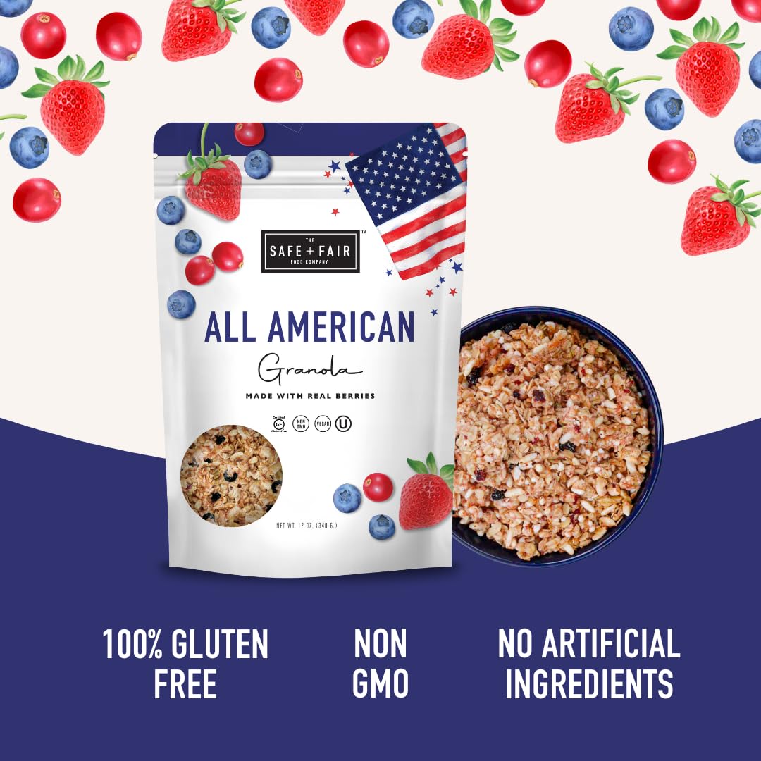 Safe + Fair All American Granola - Gluten-Free & Vegan Snack - Whole Grain Oats with Real Strawberries, Blueberries, and Cranberries - Non-GMO