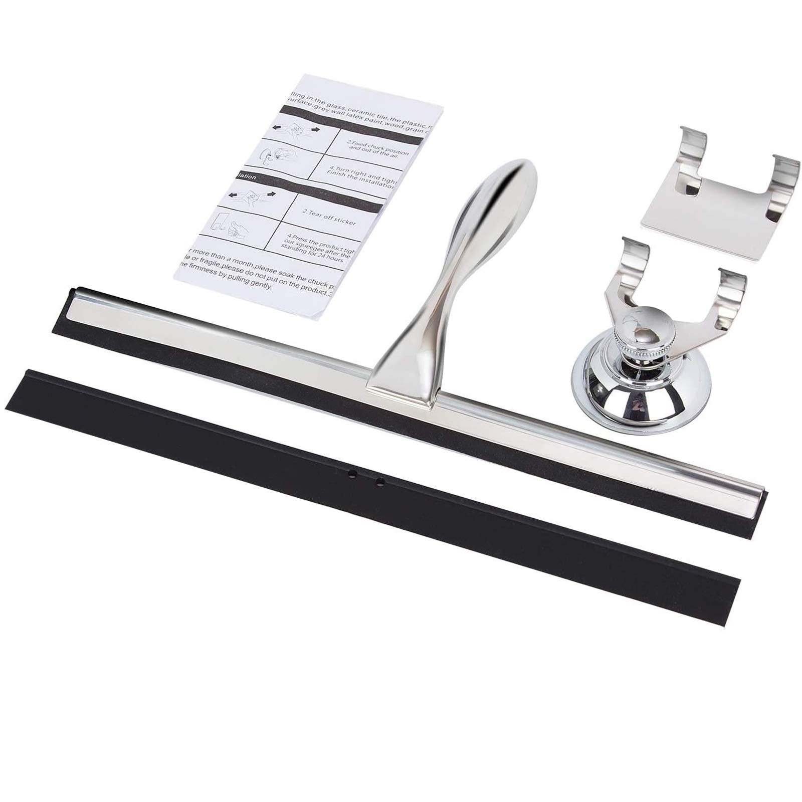 K Kwokker 12 Inch Squeegee for Shower, Shower Squeegee with Suction Cup Hooks, for Glass Door Marble Mirror Bathroom, Chrome Plated Stainless Steel