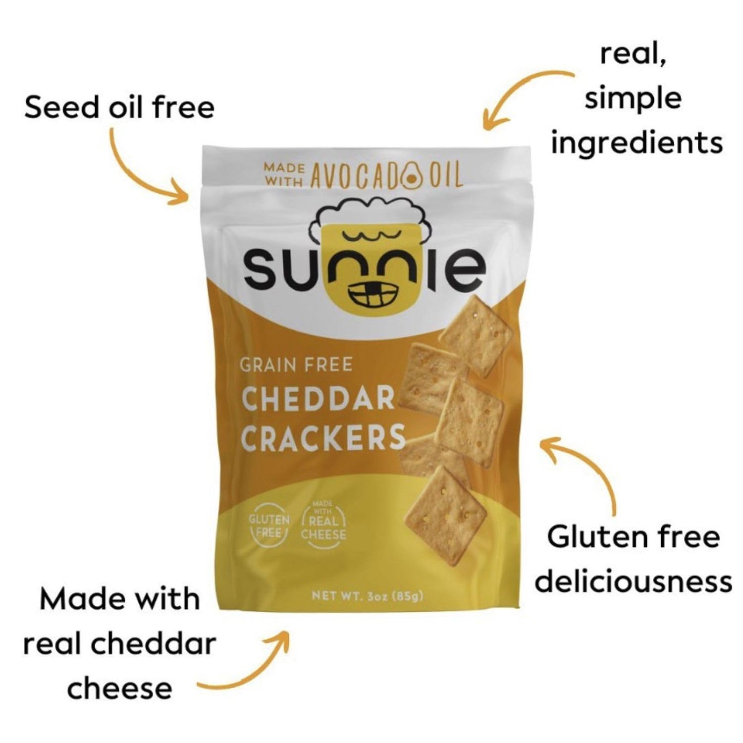 Sunnie Gluten Free Cheddar Crackers, Healthy Grain-Free Cracker Made with Real Cheese, Snacks for Kids & Adults, Made with Avocado Oil, Low Calorie