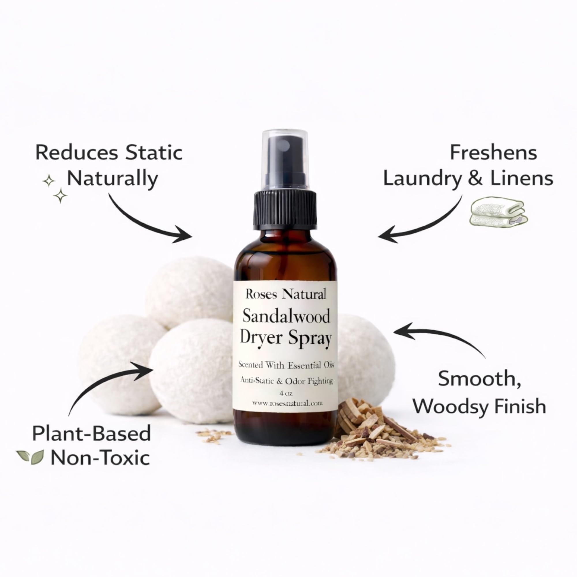 Roses Natural Wool Dryer Balls & Dryer Spray Bundle - 3 Reusable Dryer Balls + Plant-Based Essential Oil Dryer Spray, Natural Fabric Freshener