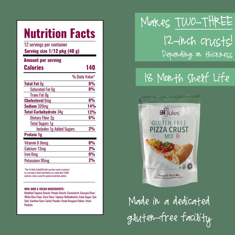 gfJules Certified Gluten Free Pizza Crust Mix | Deep Dish or Thin Crust | No Grit, Non-GMO, Vegan | Certified Top 9 Allergen-Free & Kosher | Makes two-three 12 in. Crusts | 17oz Pouch