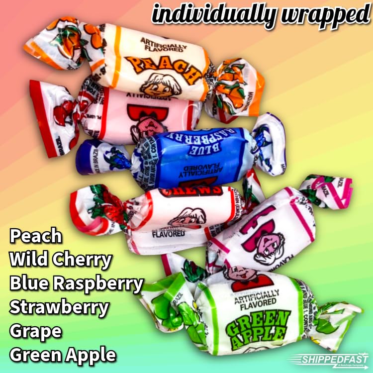 Soft Chewy Fruity Chews Candy - 1 Pound Bulk Bag - Individually Wrapped Assorted Fruit Candy - 6 Flavors: Peach, Strawberry, Cherry, Grape, Green