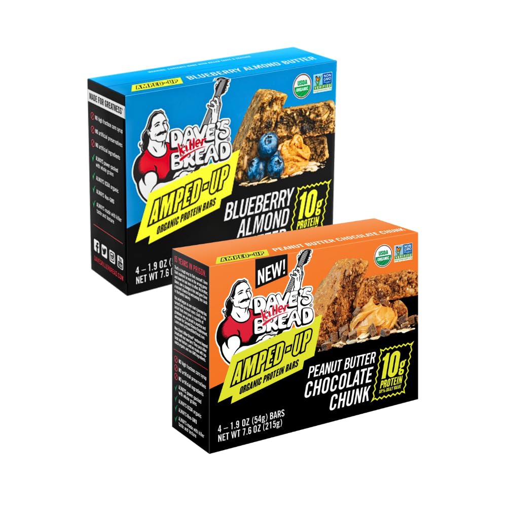 Dave's Killer Bread Blueberry Almond Butter Amped-Up Protein Bars 4 CT + Peanut Butter Chocolate Chunk Amped-Up Protein Bars 4 CT (1 of each) Variety